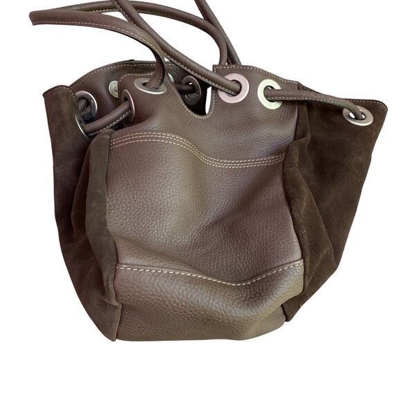 Vintage J Jill Brown Leather & Suede Boho Purse Grommet Cinch Boho Hobo Bag - Picture 5 of 8